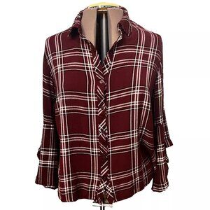 Est 1846. Size 18/20W. Rayon Maroon Plaid Shirt. Flounce Sleeve. B118